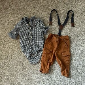 Baby Boy Dress Outfit Khakis Button Down Suspenders 3-6 Months 6 Months